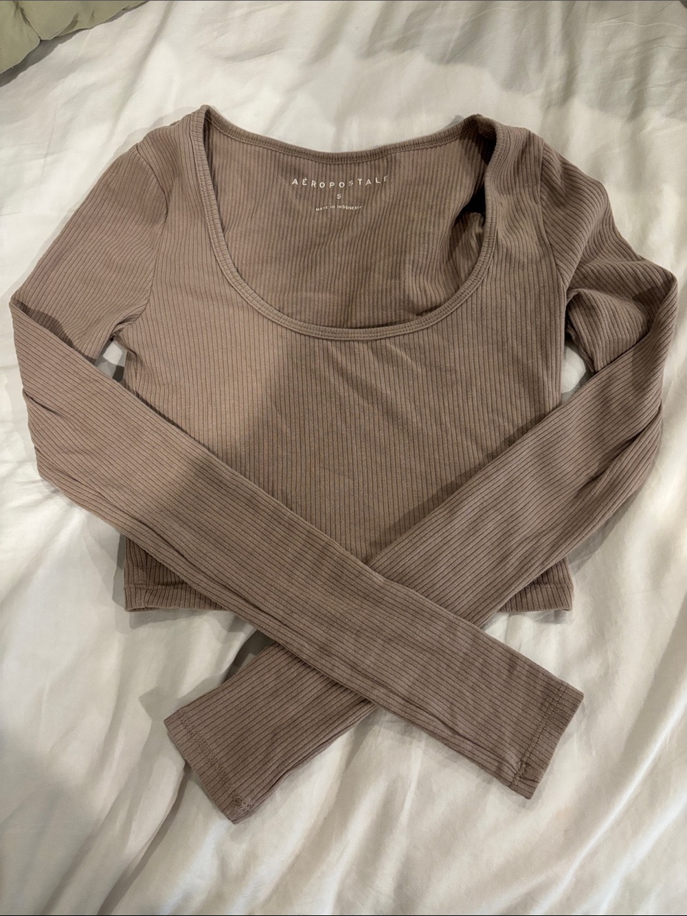 Aeropostale Ribbed Long-Sleeve Scoop Neck Top - Taupe Brown